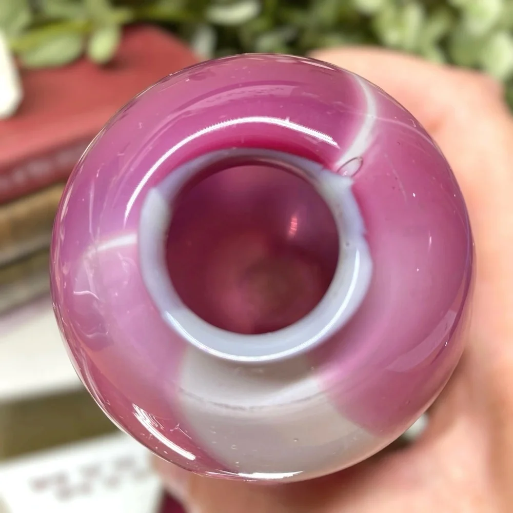 Drew Smith Art Glass Vase Signed Hand Blown 5” Tall Polished Pontil Vintage Pink